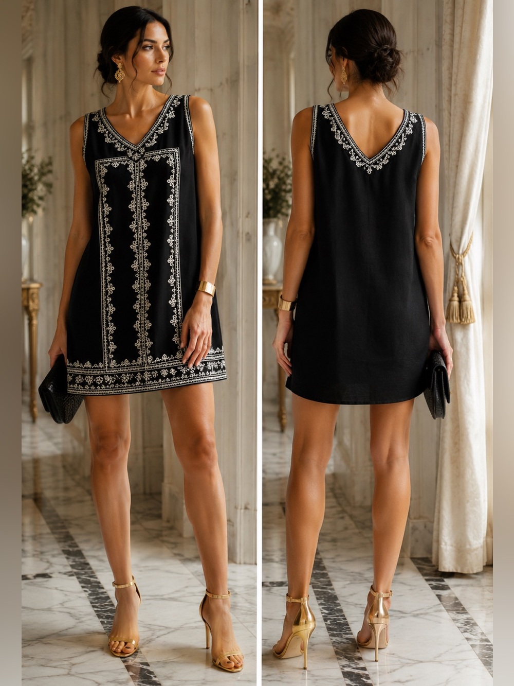 THML Black Embroidered V Neck Dress